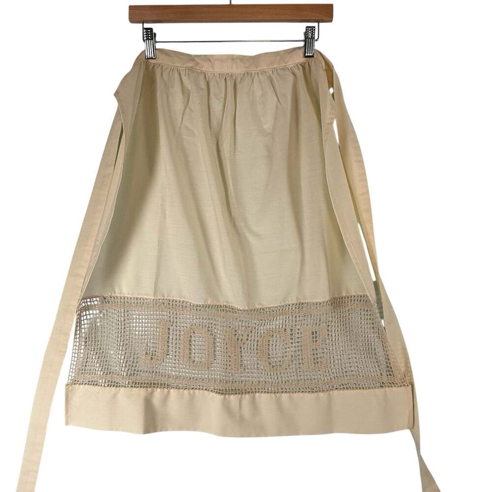 Vtg Handmade JOYCE Crochet Spellout Name Half Apron 50s 60s Cotton Cottage Cream